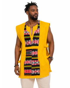 Tunique Traditionnelle Homme Kente Jaune &ndash; Sans Manches en Coton Tiss&eacute;