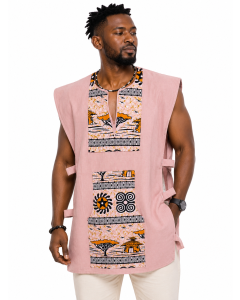 Tunique haut Traditionnelle Homme Rose Poudr&eacute; &ndash; Sans Manches en Coton Tiss&eacute;