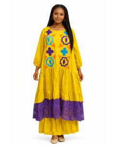 Robe Longue Jaune Brod&eacute;e &ndash; Style Africain Color&eacute; pour Femme