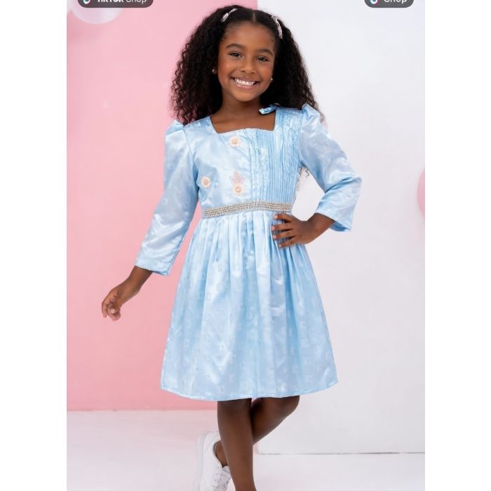 Bazin bleue brodée fillette pour 6-13 ans