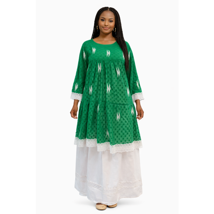 Robe Longue Verte et Blanche Brodée Style Africain Élégant pour