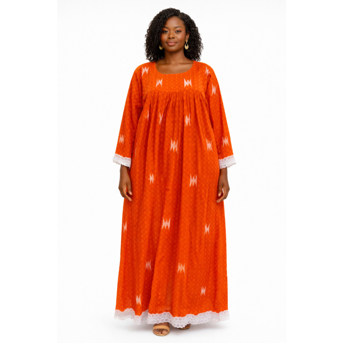 Robe Longue Orange Brodée Style Africain Élégant pour Femme