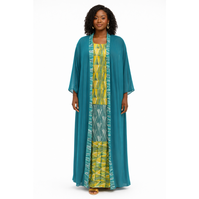 Robe Longue Verte avec Kimono Ensemble Élégant Style Africain