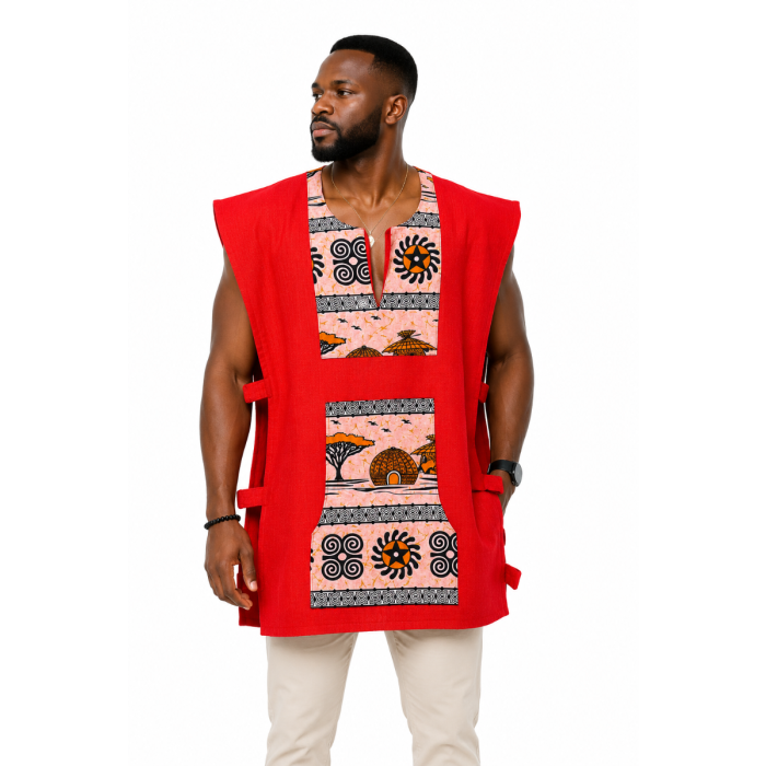 Tunique Traditionnelle Homme Rouge – Sans Manches en Coton Tissé
