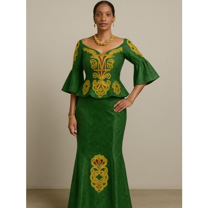 Bazin brodé vert & or pour femme