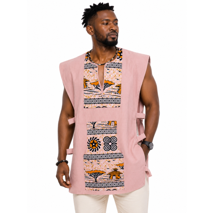 Tunique haut Traditionnelle Homme Rose Poudré – Sans Manches en Coton Tissé