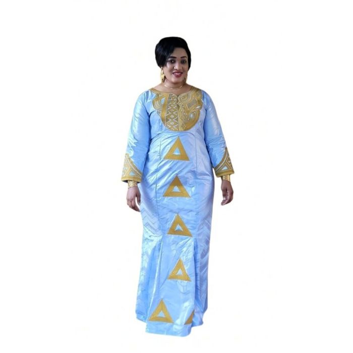 Robe style malien bleue splendeur en Bazin Brodé