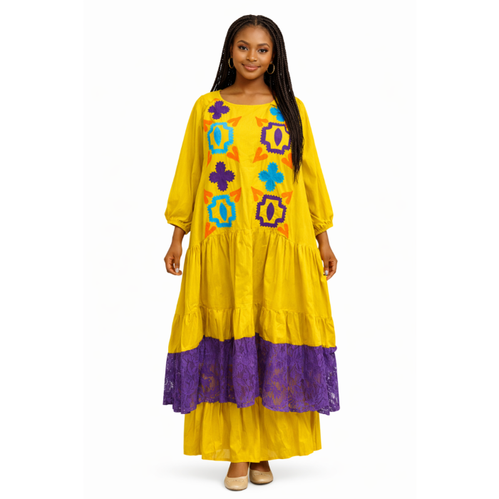 Robe Longue Jaune Brodée – Style Africain Coloré pour Femme