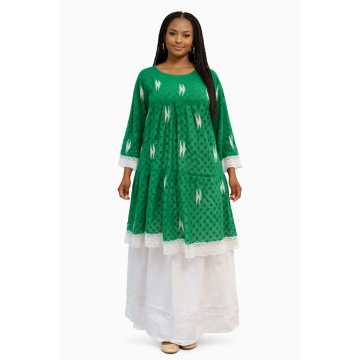 Robe Longue Verte et Blanche Brodée Style Africain Élégant pour