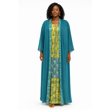 Robe Longue Verte avec Kimono Ensemble Élégant Style Africain
