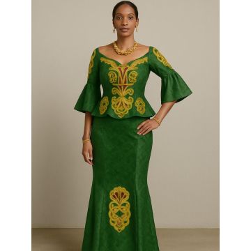 Bazin brodé vert & or pour femme