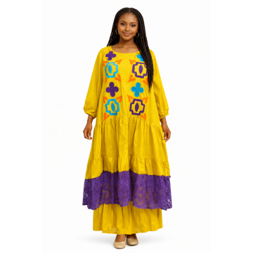 Robe Longue Jaune Brodée – Style Africain Coloré pour Femme