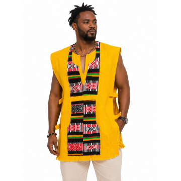 Tunique Traditionnelle Homme Kente Jaune – Sans Manches en Coton Tissé