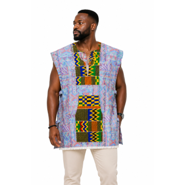 Tunique Traditionnelle Homme Kente Bleu Sans Manches en Coton Tissé