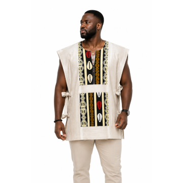 Haut Traditionnelle Bogolan Beige – Sans Manches en Coton Tissé