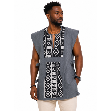 Tunique - Haut Traditionnelle Homme Gris Anthracite – Sans Manches en Coton Tissé
