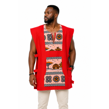 Tunique Traditionnelle Homme Rouge – Sans Manches en Coton Tissé